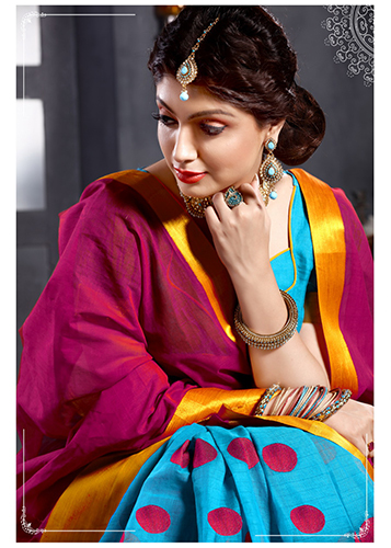 Pink & Sea Blue Cotton Saree
