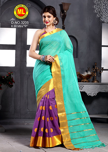 Purple & Green Cotton Saree