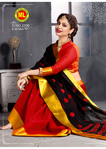 Cotton Saree - Cotton Silk Material, Printed Design in Red & Black, Stylish Laces Closure