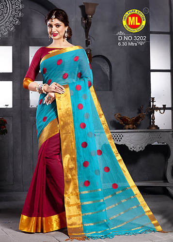Red & Sea Blue Cotton Saree