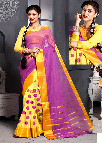 Yellow & Purple Cotton Saree