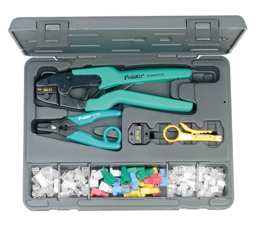 Deluxe Twisted Pair Kit - RJ-11 & RJ-45 Die Sets, Crimp Tool Frame, Wire Stripper/Cutter, UTP/STP Cable Stripper, 50pcs Flat Stranded Contacts, 25pcs Round Stranded Contacts, RJ-45 Protection Caps, Blowing Case
