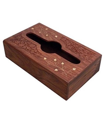 Desi Karigar Brown Sheesham Wood And Brass Tissue Box With Kashmiri Carving And Brass Inlay Work