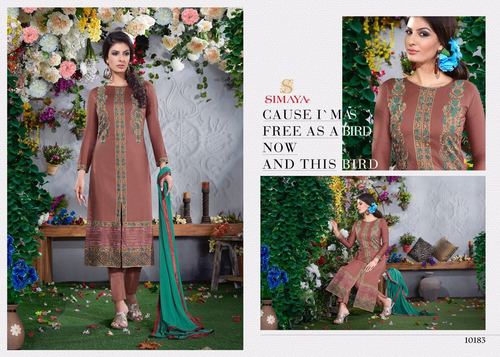 Designer Embroidered Designer Embroidered Cotton Satin Dress Material -  Customized Size, Brown | Long Sleeve, Quick Dry, Washable, Churidar Style,  Chiffon Dupatta, Suitable for All Seasons - Customized Size, Brown | Long