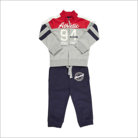 Kids Tracksuit - Woolen Fabric, Age 4-8 Years, Grey & Blue Colors - Comfortable Fit, Washable, Modern Style, Printed Pattern, Soft Fleece Lining