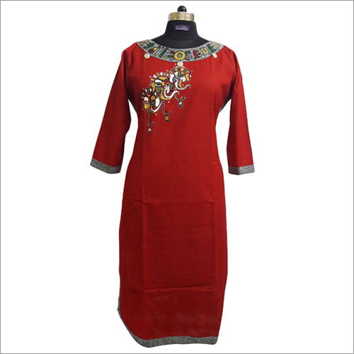 Handpainted Red Linen Kurti With Jute Patch Work