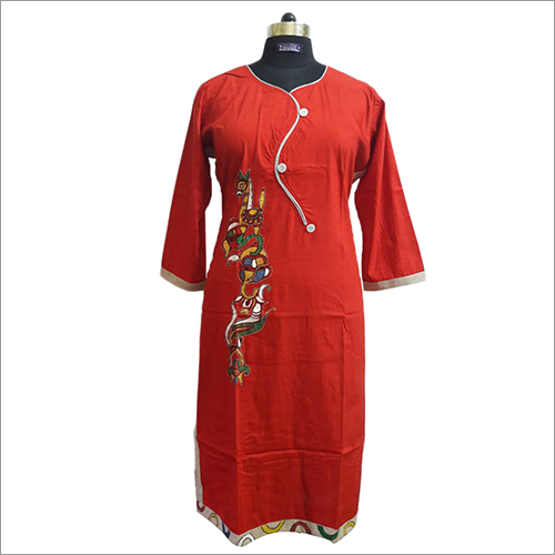 Handpainted Red Coloured Rayon Kurti With Jute Border
