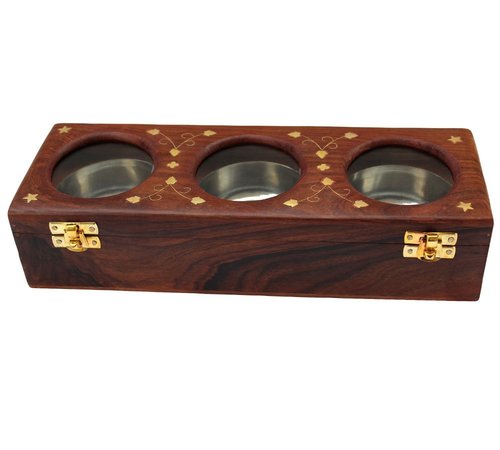 Desi Karigar Handmade Item Wooden Dry Fruit Box with Glass, 3 Bowls By DESI KARIGAR