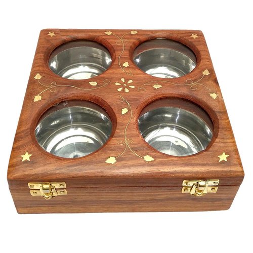 Desi Karigar Handmade Item Wooden Dry Fruit/Spices Box, 4 Bowls, 8 X 8 Inches