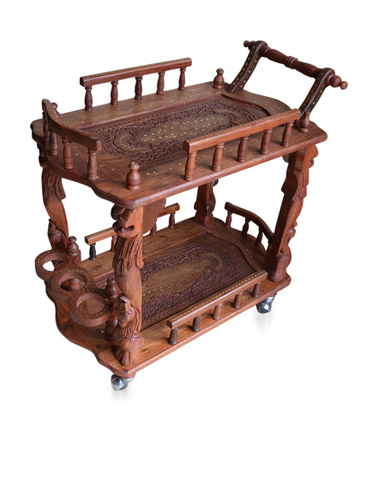Desi Karigar Stylish Wooden Service Trolley With Brass Inlay Work & Carving