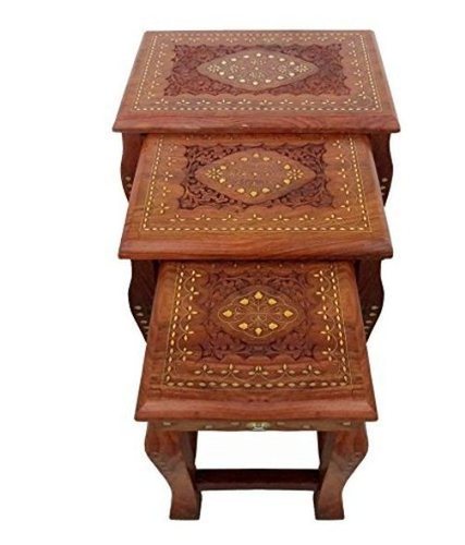 Desi Karigar Artist Wooden Brass Inlay work Table set/ Hand Made Stool set of 3