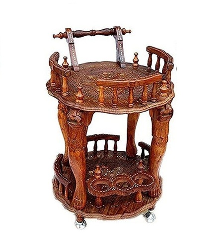 Desi Karigar Handcrafted Round Wooden Service Trolley Unique Hand work