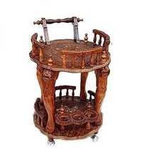 Desi Karigar Handcrafted Round Wooden Service Trolley Unique Hand Work