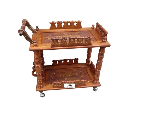Desi Karigar Woods Handmade Wooden Service Trolley With Brass Inlay Work & Carving