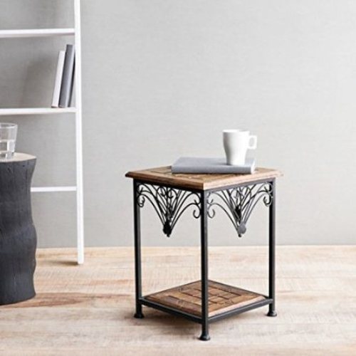 Desi Karigar Wooden And Iron End Table Walnut And Black Size(LxBxH-11X11X14.7) Inch