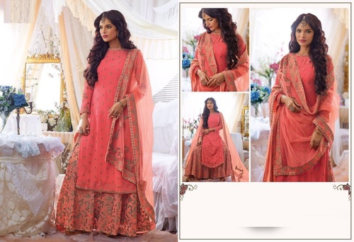 Peach Buy Designer Heavy Work Plazzo Suit Online