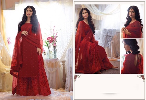 Georgette & Net Buy Lovely Red Rose Designer Suit Online