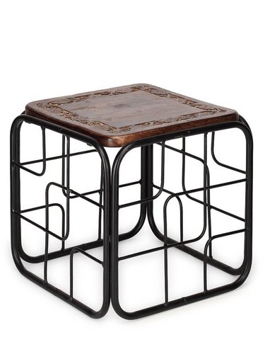 Desi Karigar Wood & Iron Cum End Table Size(Lxbxh-13X13X12) Inch