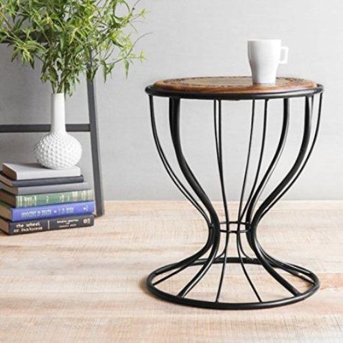 Desi Karigar Wooden & Wrought Iron Stool/Chair ( Black, 12 x 16 inch )