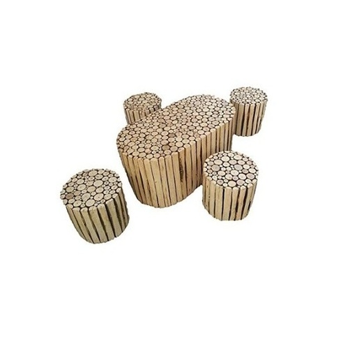Desi Karigar Natural Log Slices Coffee Table With Four Stools