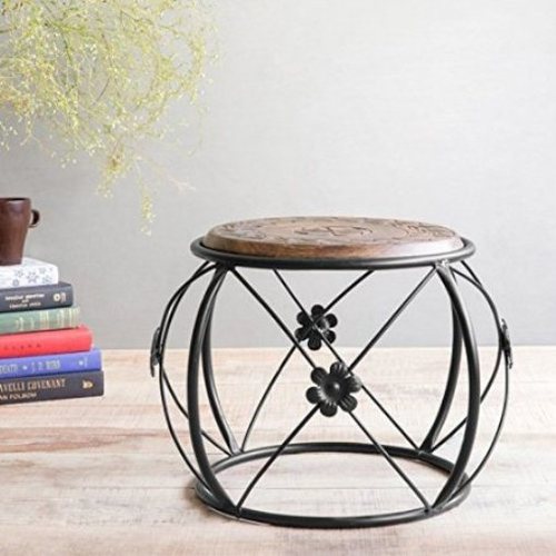 Desi Karigar Wooden & Wrought Iron Stool/Chair ( Black, 12 x 12 x 15 inch )