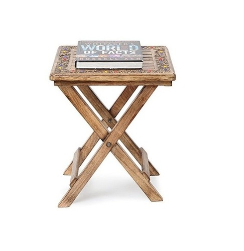 Desi Karigar Wooden Antique Foldable Table With Hand Carving Work Size(LxBxH-15x15x18) Inch