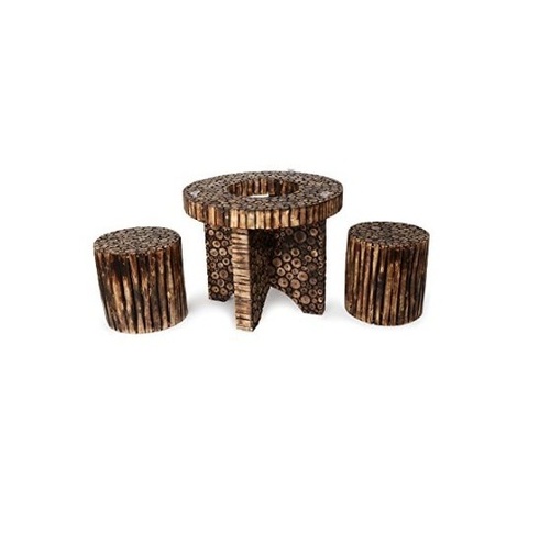 Desi Karigar Wooden Antique Round Shaped Coffee Table With 2 Stool Size(LxBxH-30X30X24) Inch