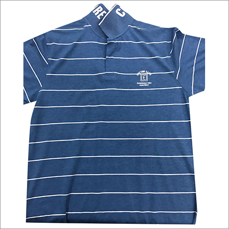 Designer T-Shirt - Cotton Blend, Large/X-Large/Medium Sizes | Polo Collar, Striped Pattern, Short Sleeves, Blue Color