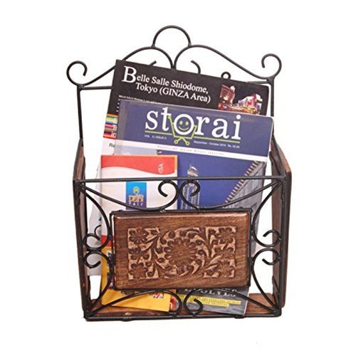 Desi Karigar Wooden & Iron Magazine Holder With Handcarving Work Size(LxBxH-11x4x15) Inch