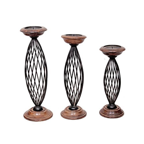Desi Karigar Antique Wood & Iron Candle Stands Set of 3 Size(Large-18h,Medium-16h,Small-13h) Inch