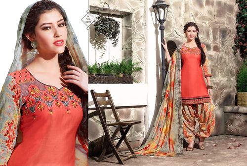 Embroidered Orange Patiyala Suit - Cambric Cotton Fabric, Available in L, XL, XXL Sizes, Featuring Handcrafted Embroidery and Printed Dupatta