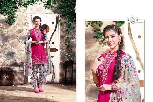Magenta Readymade Patiyala Suit - Cambric Cotton Fabric, Size L/XL/XXL | Embroidery & Print Work, Matching Mal Print Dupatta