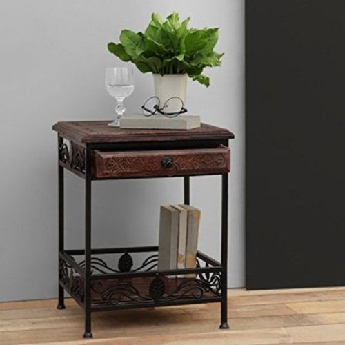 Desi Karigar Wooden And Iron End Table Walnut And Black Size(LxBxH-14.5x14.5x19) Inch
