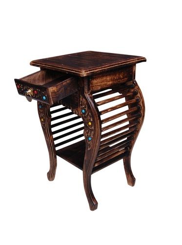 Desi Karigar Wooden Hand Carved Side Table, Stool Antique Look By DESI KARIGAR