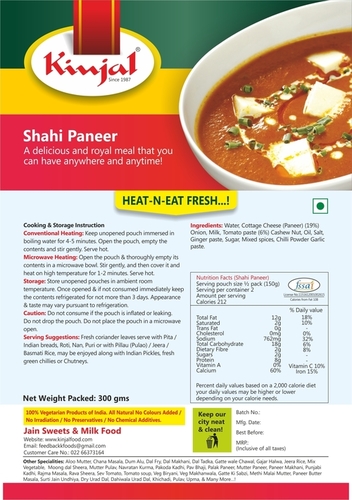Sahi Paneer - Ready To Eat, Bag Packaging for Party & Restaurant Use, Salty and Namkeen Taste, Longer Shelf Life and Freshness