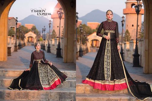 Designer Long Suit - Bemberg Georgette, Size Up to 42, Black with Silk Embroidery Yoke and Full Sleeves, Customizable Fit with Matching Chiffon Dupatta and Silk Lehanga
