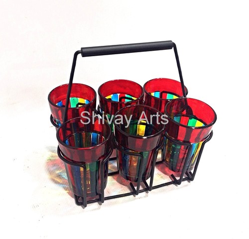 Tapri Tea Coffee Glasses With Iron Stand Set Of 6 ( For Decorative Purpose Only)