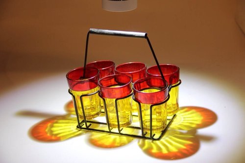 Yellow Tapri Tea / Coffee Glasses With Iron Stand ( For decorative purpose only)