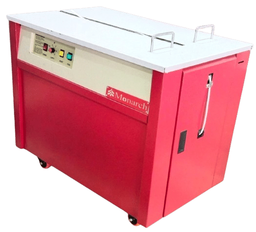 Semi-Automatic Strapping Machine - Strapping Roll, 910x580x750 mm, Red & Gray | Human Machine Interface, 220V, 100 kg Weight, 10 Capacity