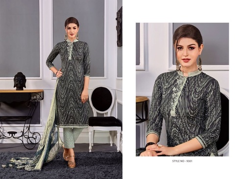 Grey Cotton Satin Salwar Suit - Size Upto 42, Embroidered Bottom With Printed Work , Matching Bemberg Dupatta