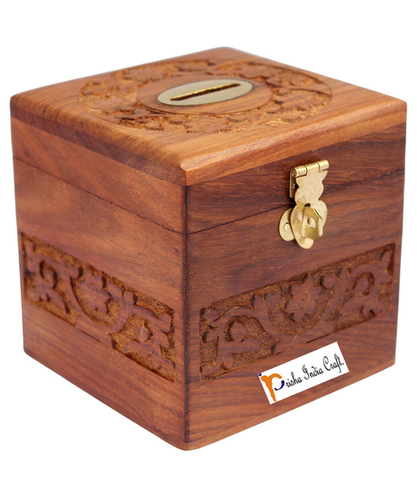 WOODEN BANK 002 - Wood 6x6x6 Inches Brown, Intricate Carving Latch, Secure Storage Durable Design