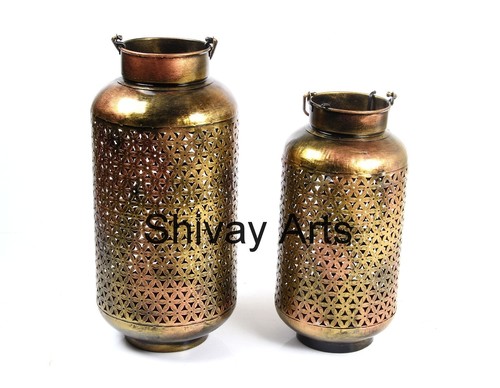 Metal Iron Handcrafted Copper Jali Cylindrical Shape Tealight Candle Holder - Set Of 2