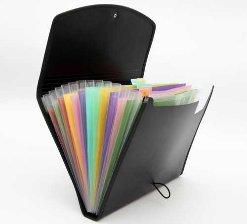 Expanding File (Elastic, with Swing) - Plastic, A4 Size, Black | 13 Pockets, Color-Coded Tabs, Expandable, Elastic Closure