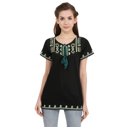 Mix Colours Office Wear Cotton Embroidery Black Color Solid Casual Wear Cap Sleeve Top