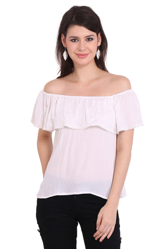 Mix Colours Rayon Crepe Solid Party Wear Off Shoulder White Top