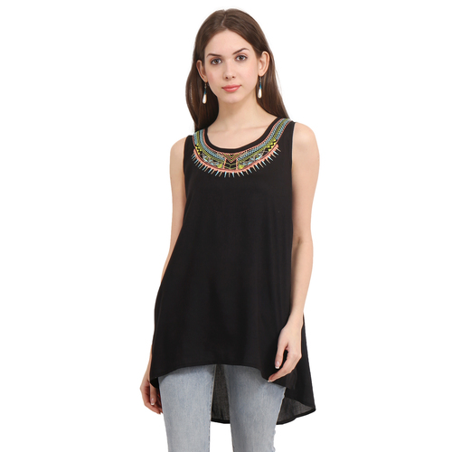 Mix Colours Rayon Black Solid Party Wear Sleeveless Embroidery Top