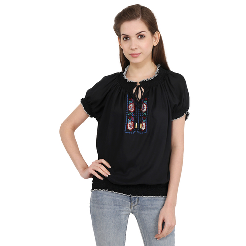 Mix Colours Rayon Black Solid Regular Wear Cap Sleeve Embroidery Top