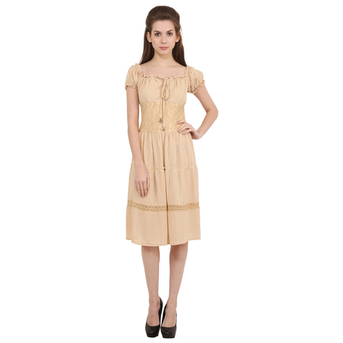 Mix Colours Rayon Crepe Solid A-Line Cream Dress