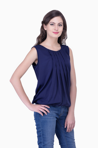 Navy Blue Solid Poly Crepe Women's Casual Tops - S/M/L/XL/XXL, Breathable & Comfortable Design, Classic Style, Anti-Wrinkle, OEM Service Available