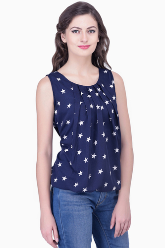 Mix Colours Navy Blue Tops Printed Blouse Party Sleeveless Soild Top